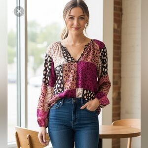 Something About You Leopard Print‎ Patchwork Women's Top - Pink and Black Small